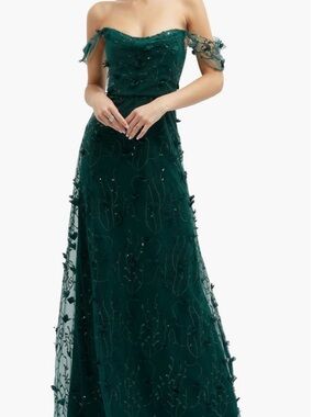 Dessy Collection Evergreen Green 3D Embroidered Off the Shoulder Gown 6